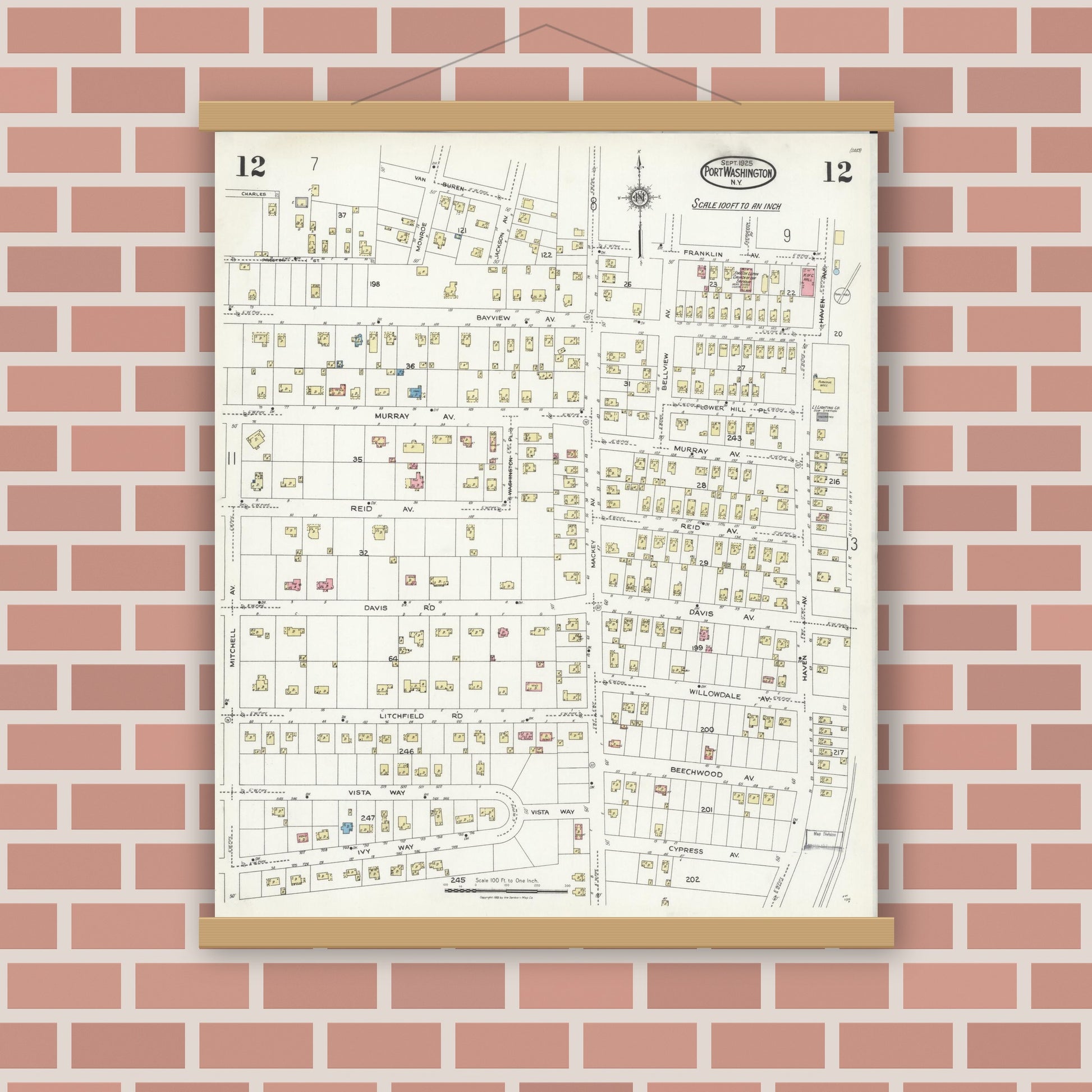 Old map wall art mockup — magnetic wood frame on brick wall — Sanborn Fire Insurance Map from Port Washington, Nassau County, New York (1925), Sheet #0012