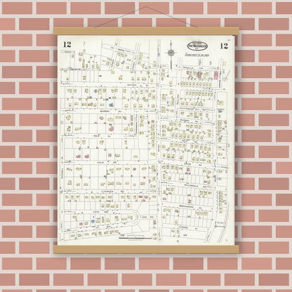 Old map wall art mockup — magnetic wood frame on brick wall — Sanborn Fire Insurance Map from Port Washington, Nassau County, New York (1925), Sheet #0012