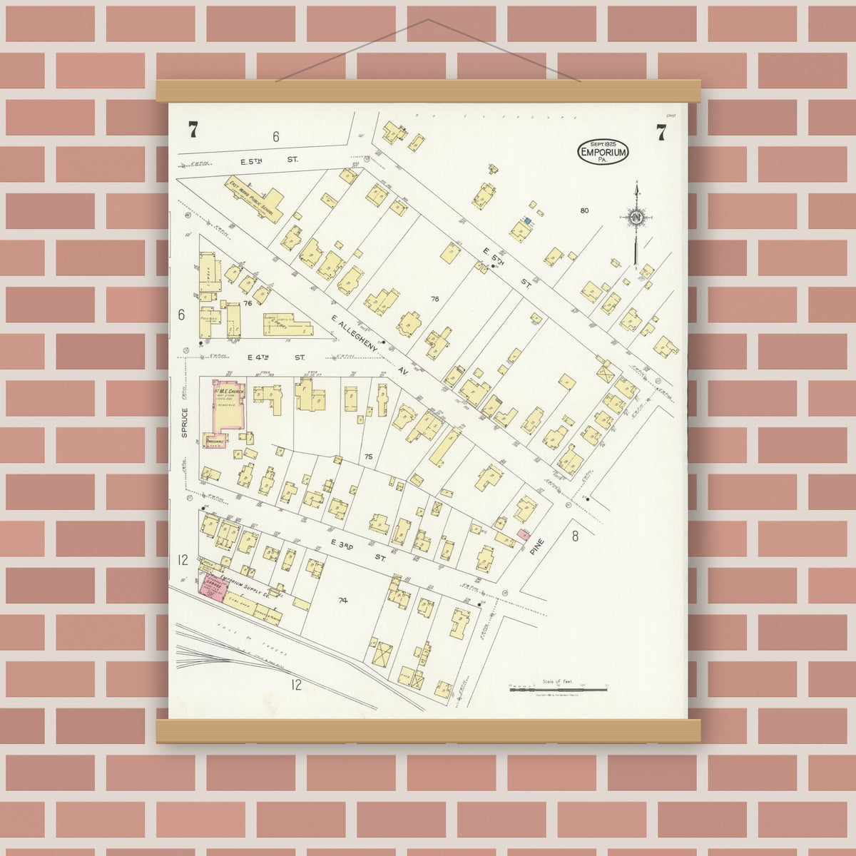 Old map wall art mockup — magnetic wood frame on brick wall — Sanborn Fire Insurance Map from Emporium, Cameron County, Pennsylvania (1925), Sheet #0007