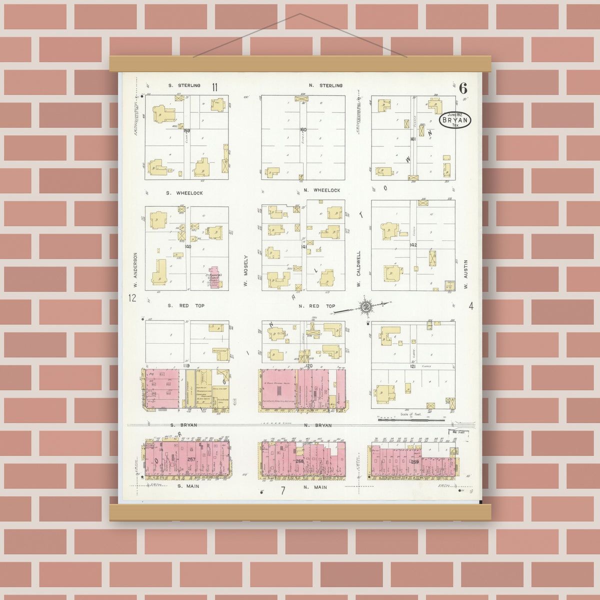 Old map wall art mockup — magnetic wood frame on brick wall — Sanborn Fire Insurance Map from Bryan, Brazos County, Texas (1912), Sheet #0006