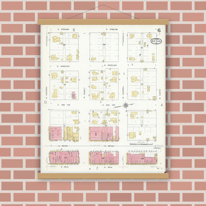 Old map wall art mockup — magnetic wood frame on brick wall — Sanborn Fire Insurance Map from Bryan, Brazos County, Texas (1912), Sheet #0006