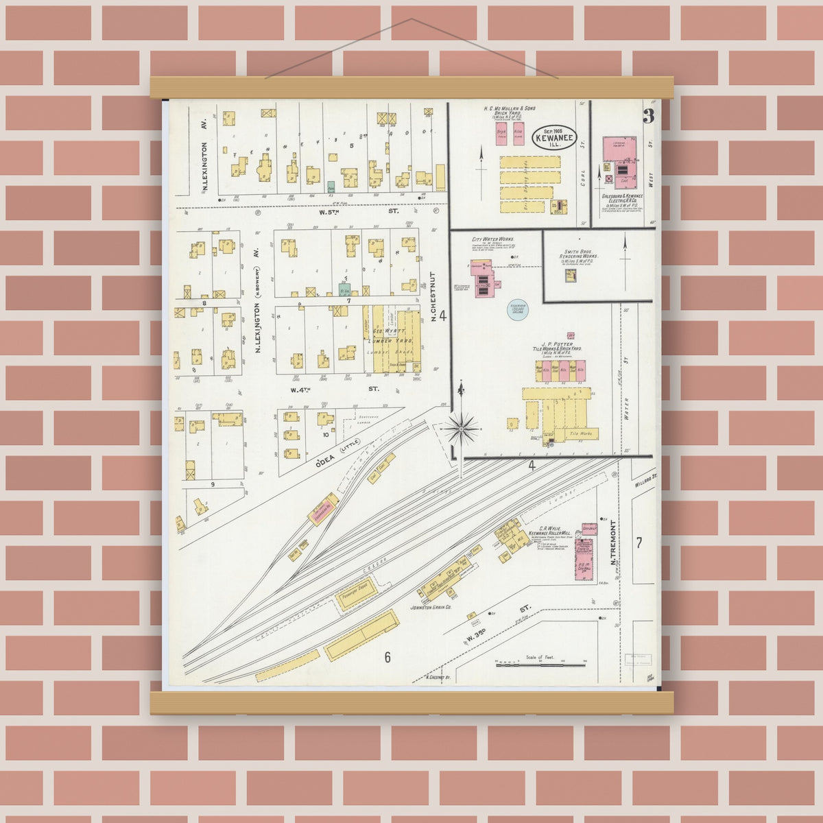 Old map wall art mockup — magnetic wood frame on brick wall — Sanborn Fire Insurance Map from Kewanee, Henry County, Illinois (1905), Sheet #0003