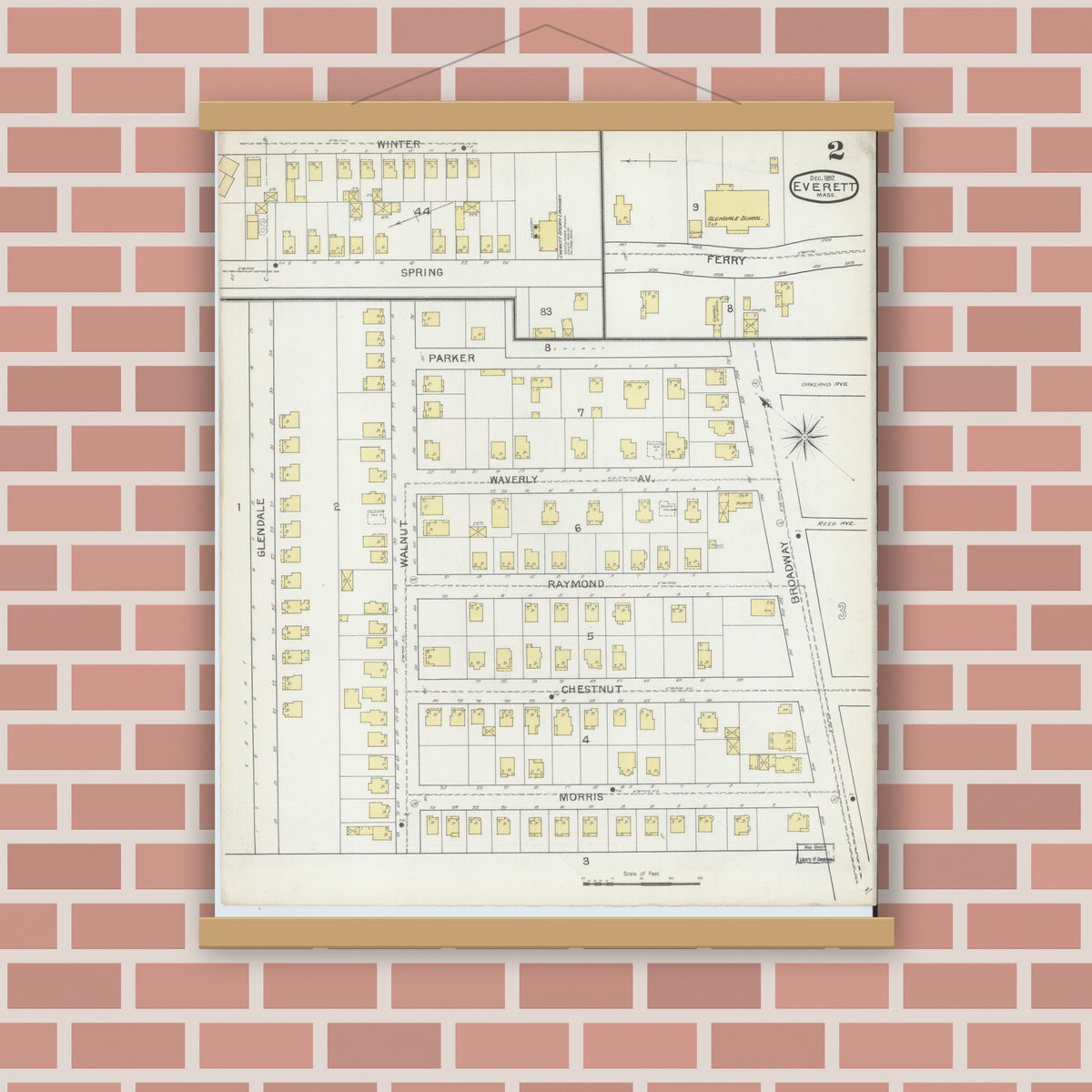 Old map wall art mockup — magnetic wood frame on brick wall — Sanborn Fire Insurance Map from Everett, Middlesex County, Massachusetts (1892), Sheet #0002