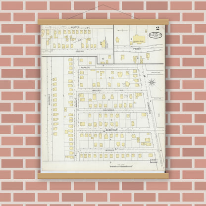 Old map wall art mockup — magnetic wood frame on brick wall — Sanborn Fire Insurance Map from Everett, Middlesex County, Massachusetts (1892), Sheet #0002