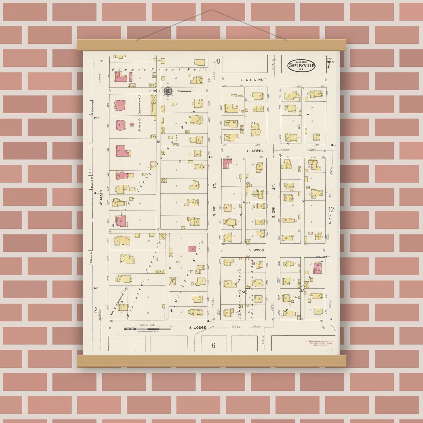 Old map wall art mockup — magnetic wood frame on brick wall — Sanborn Fire Insurance Map from Shelbyville, Shelby County, Illinois (1922), Sheet #0007