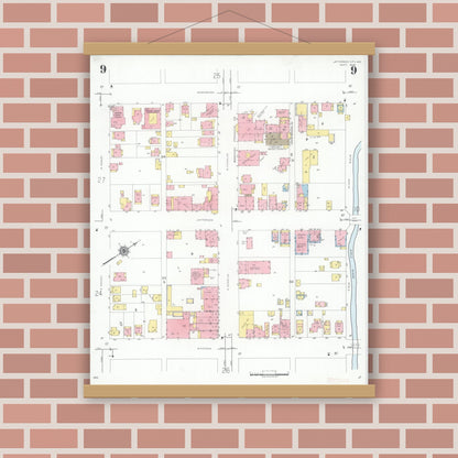 Old map wall art mockup — magnetic wood frame on brick wall — Sanborn Fire Insurance Map from Jefferson City, Cole County, Missouri (1939), Sheet #0009