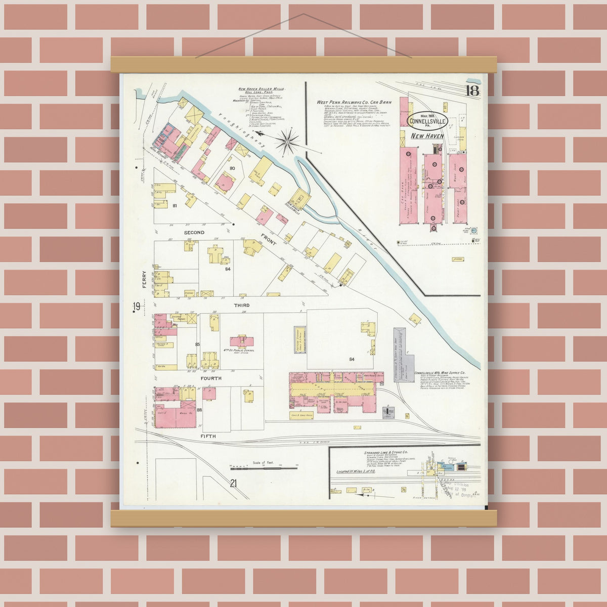 Old map wall art mockup — magnetic wood frame on brick wall — Sanborn Fire Insurance Map from Connellsville, Fayette County, Pennsylvania (1908), Sheet #0018