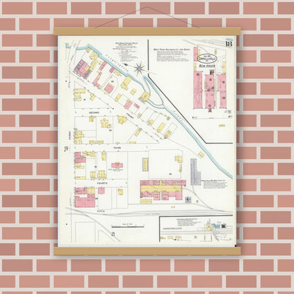 Old map wall art mockup — magnetic wood frame on brick wall — Sanborn Fire Insurance Map from Connellsville, Fayette County, Pennsylvania (1908), Sheet #0018