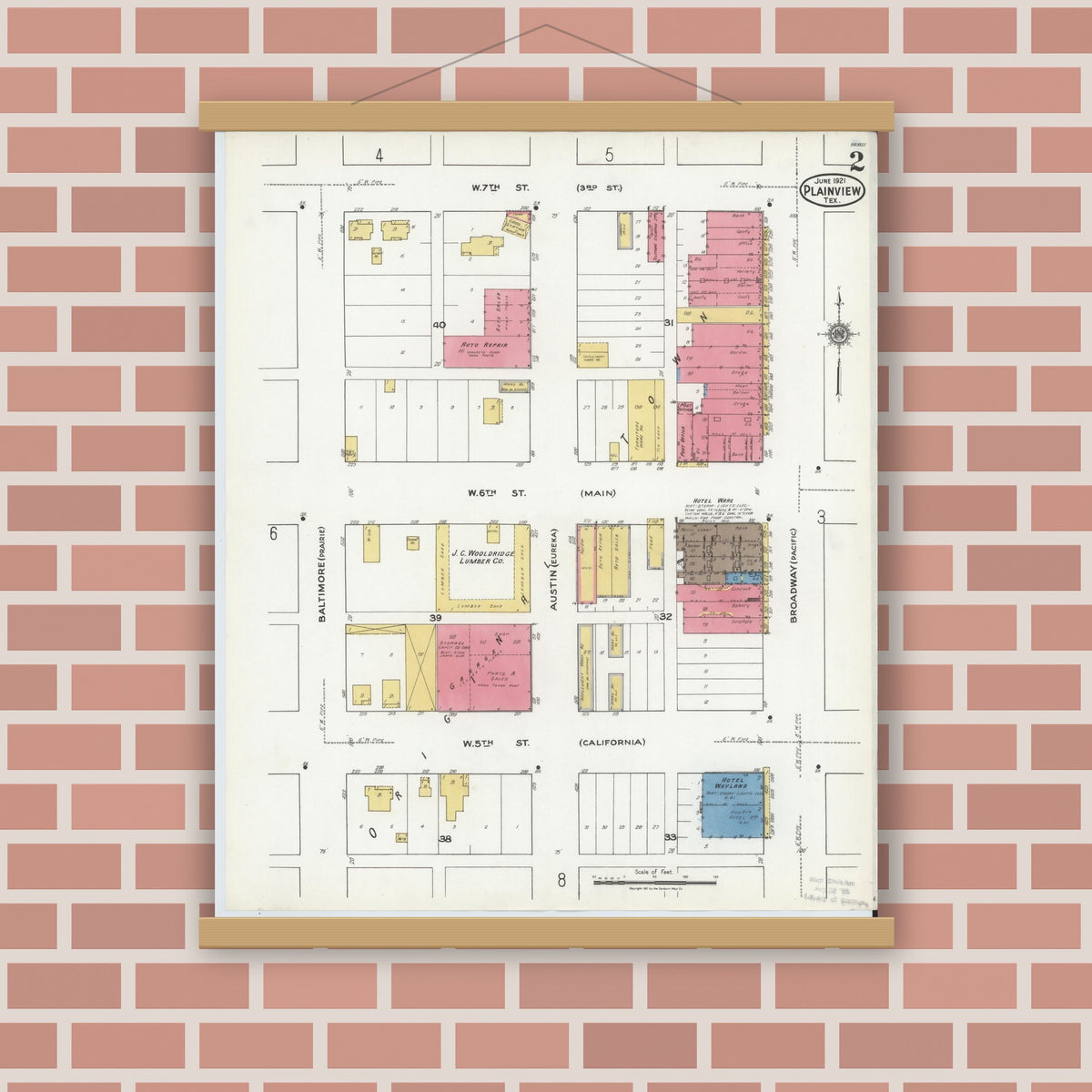 Old map wall art mockup — magnetic wood frame on brick wall — Sanborn Fire Insurance Map from Plainview, Hale County, Texas (1921), Sheet #0002