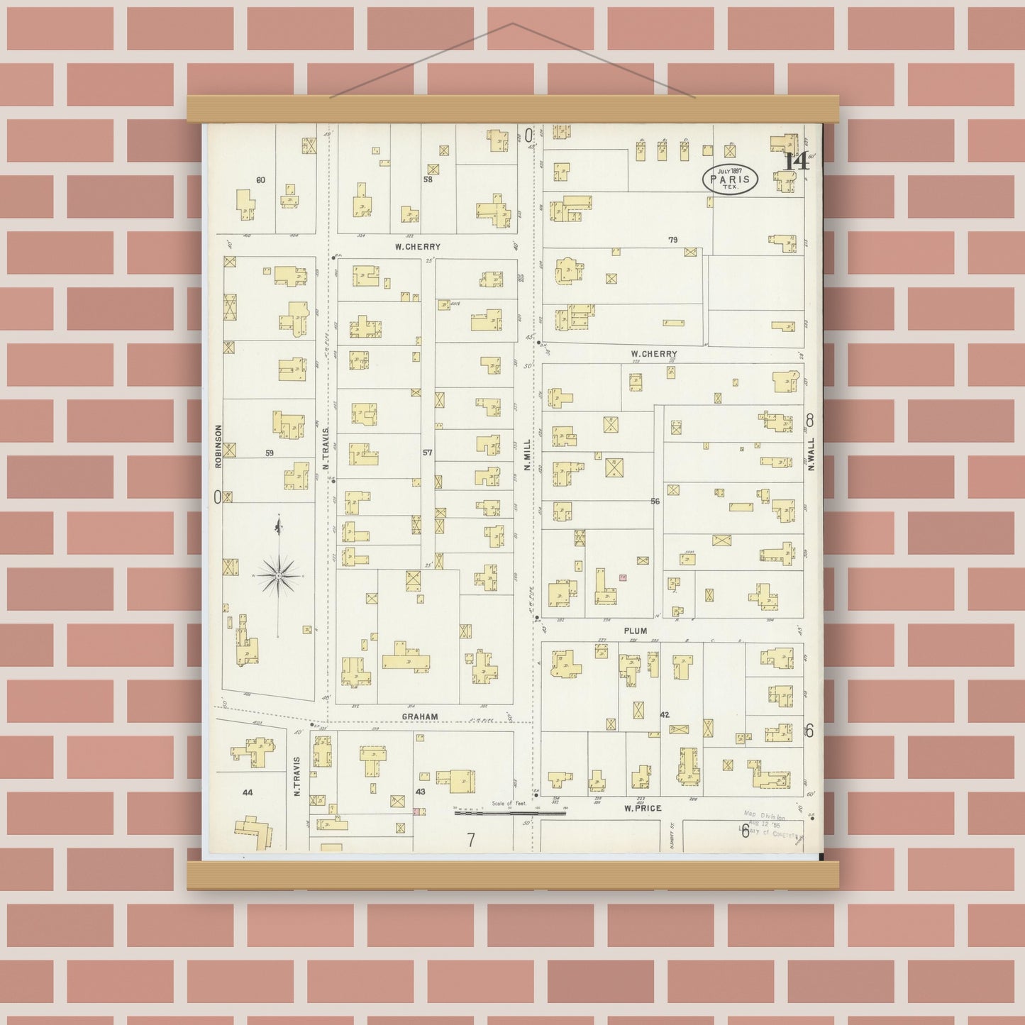 Old map wall art mockup — magnetic wood frame on brick wall — Sanborn Fire Insurance Map from Paris, Lamar County, Texas (1897), Sheet #0014