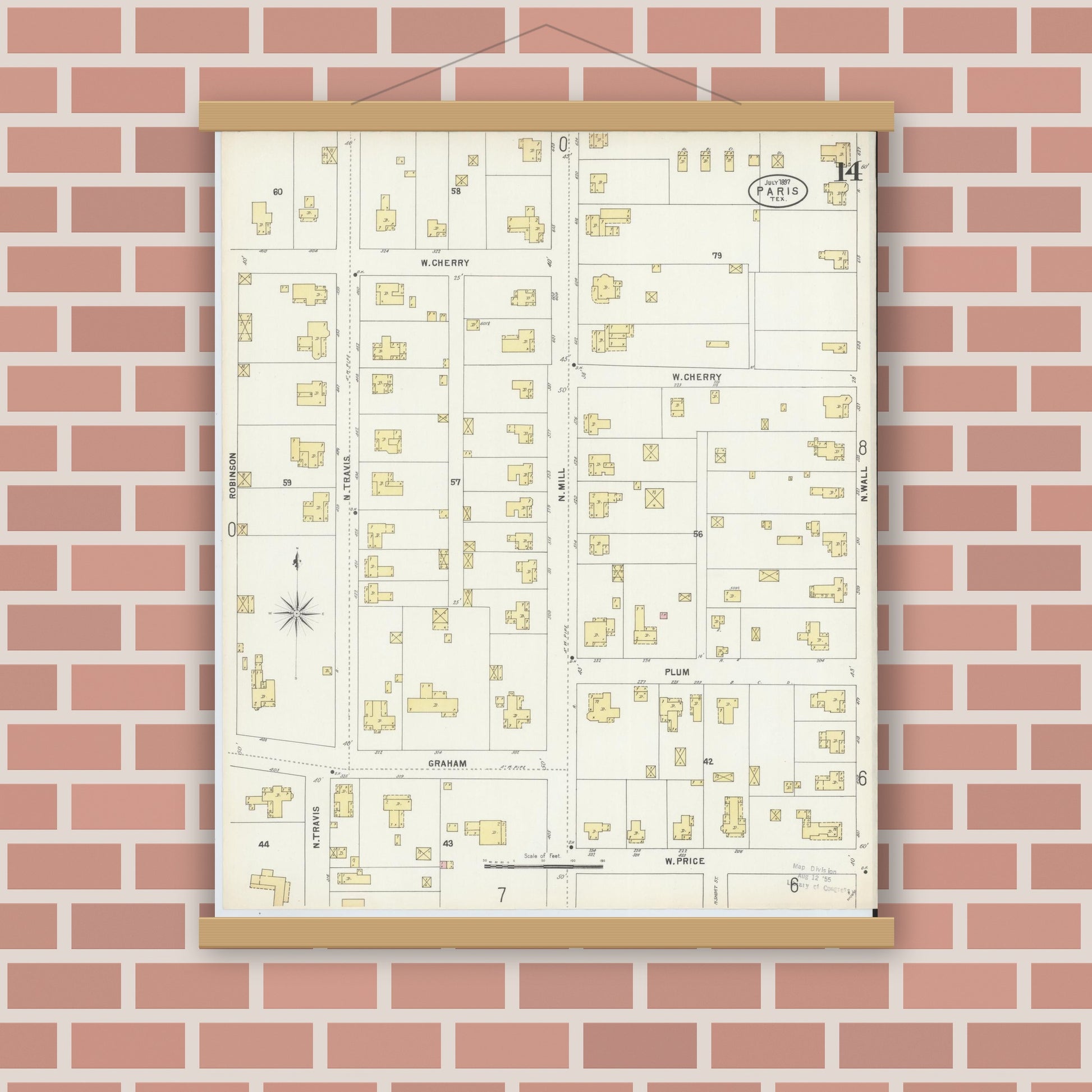 Old map wall art mockup — magnetic wood frame on brick wall — Sanborn Fire Insurance Map from Paris, Lamar County, Texas (1897), Sheet #0014