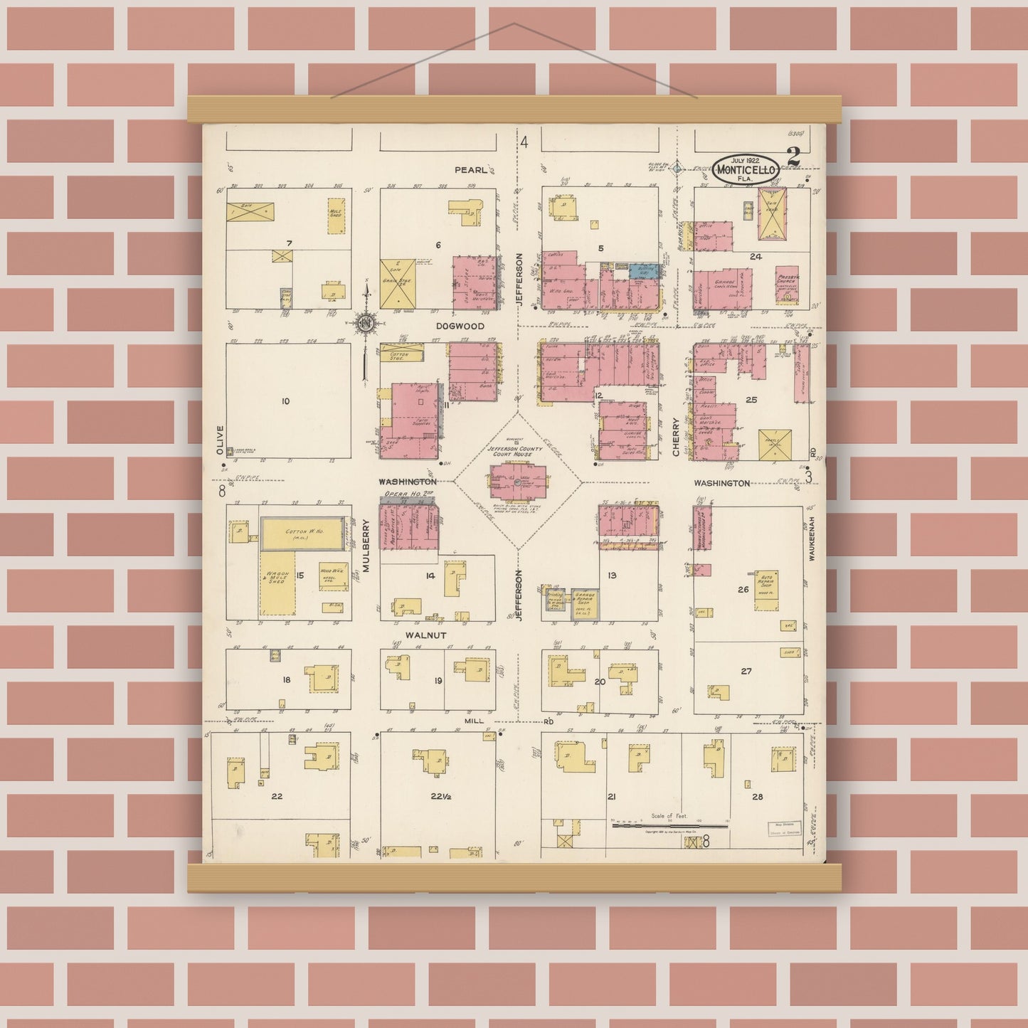 Old map wall art mockup — magnetic wood frame on brick wall — Sanborn Fire Insurance Map from Monticello, Jefferson County, Florida (1922), Sheet #0002