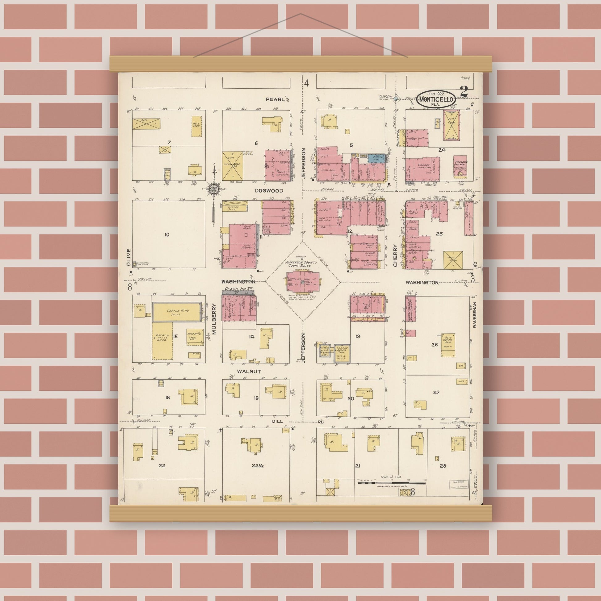 Old map wall art mockup — magnetic wood frame on brick wall — Sanborn Fire Insurance Map from Monticello, Jefferson County, Florida (1922), Sheet #0002