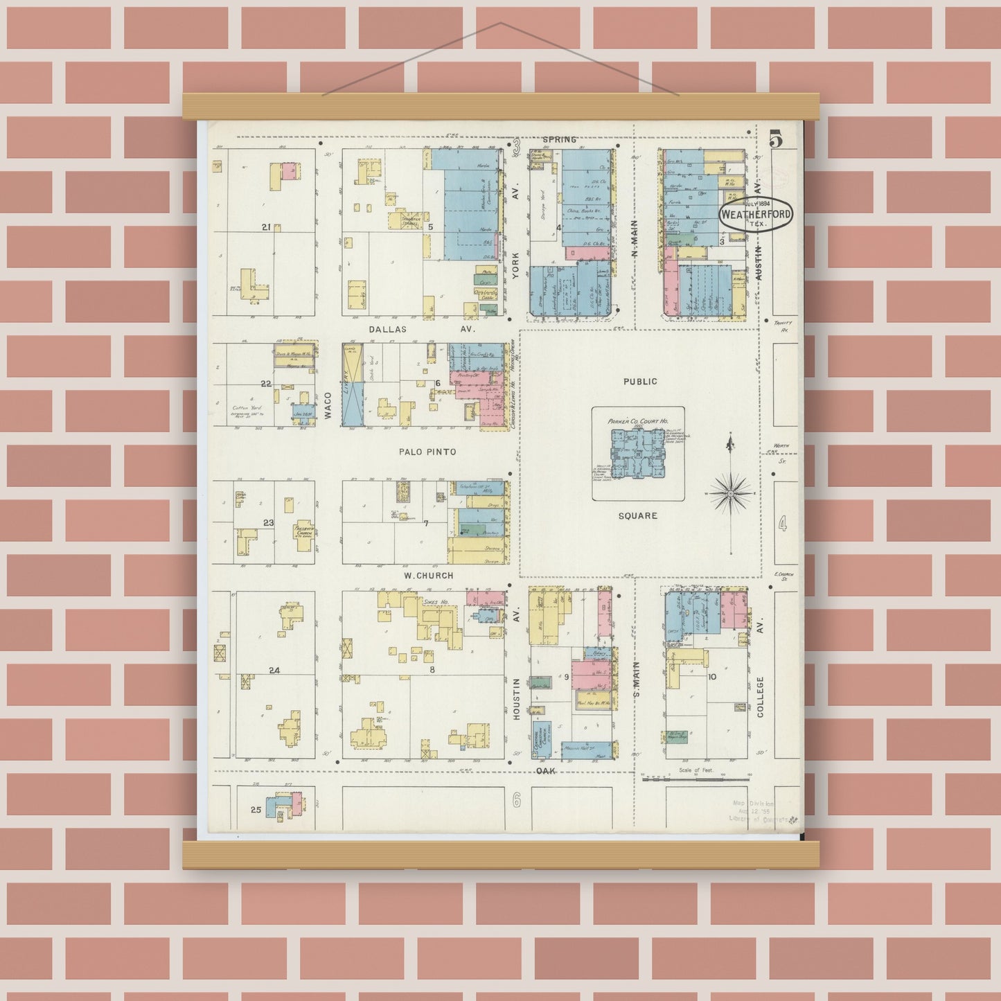 Old map wall art mockup — magnetic wood frame on brick wall — Sanborn Fire Insurance Map from Weatherford, Parker County, Texas (1894), Sheet #0005