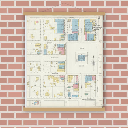 Old map wall art mockup — magnetic wood frame on brick wall — Sanborn Fire Insurance Map from Weatherford, Parker County, Texas (1894), Sheet #0005