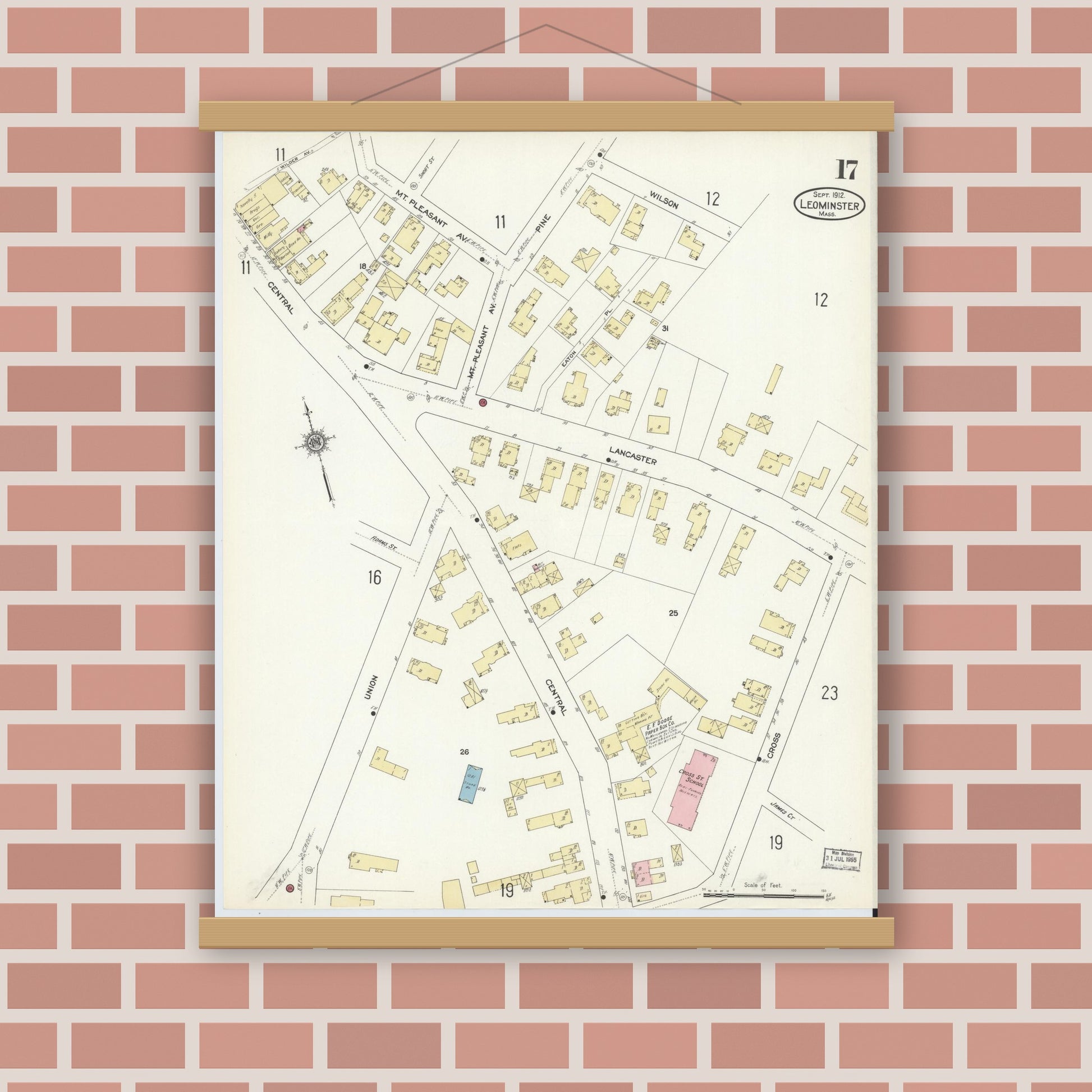 Old map wall art mockup — magnetic wood frame on brick wall — Sanborn Fire Insurance Map from Leominster, Worcester County, Massachusetts (1912), Sheet #0017