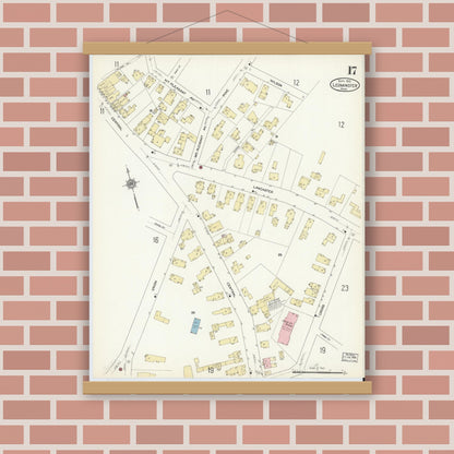 Old map wall art mockup — magnetic wood frame on brick wall — Sanborn Fire Insurance Map from Leominster, Worcester County, Massachusetts (1912), Sheet #0017