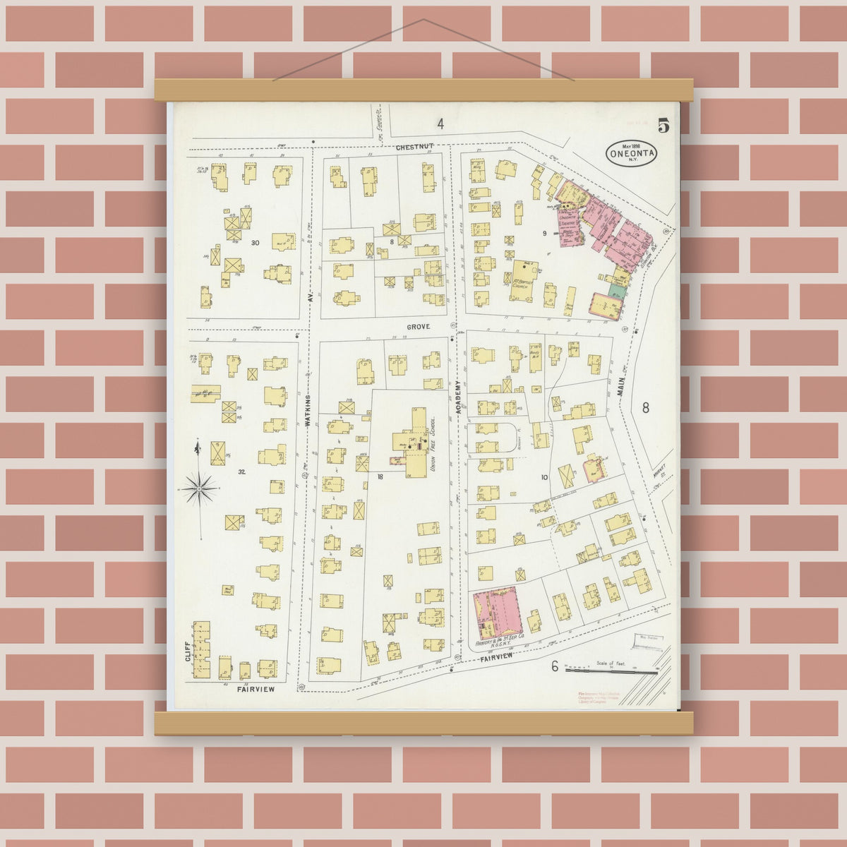 Old map wall art mockup — magnetic wood frame on brick wall — Sanborn Fire Insurance Map from Oneonta, Otsego County, New York (1898), Sheet #0005
