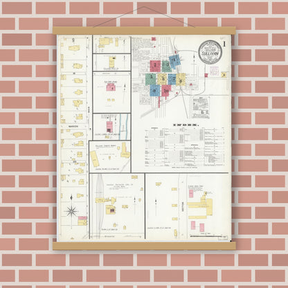 Old map wall art mockup — magnetic wood frame on brick wall — Sanborn Fire Insurance Map from Sullivan, Sullivan County, Indiana (1907) - Complete Map Set