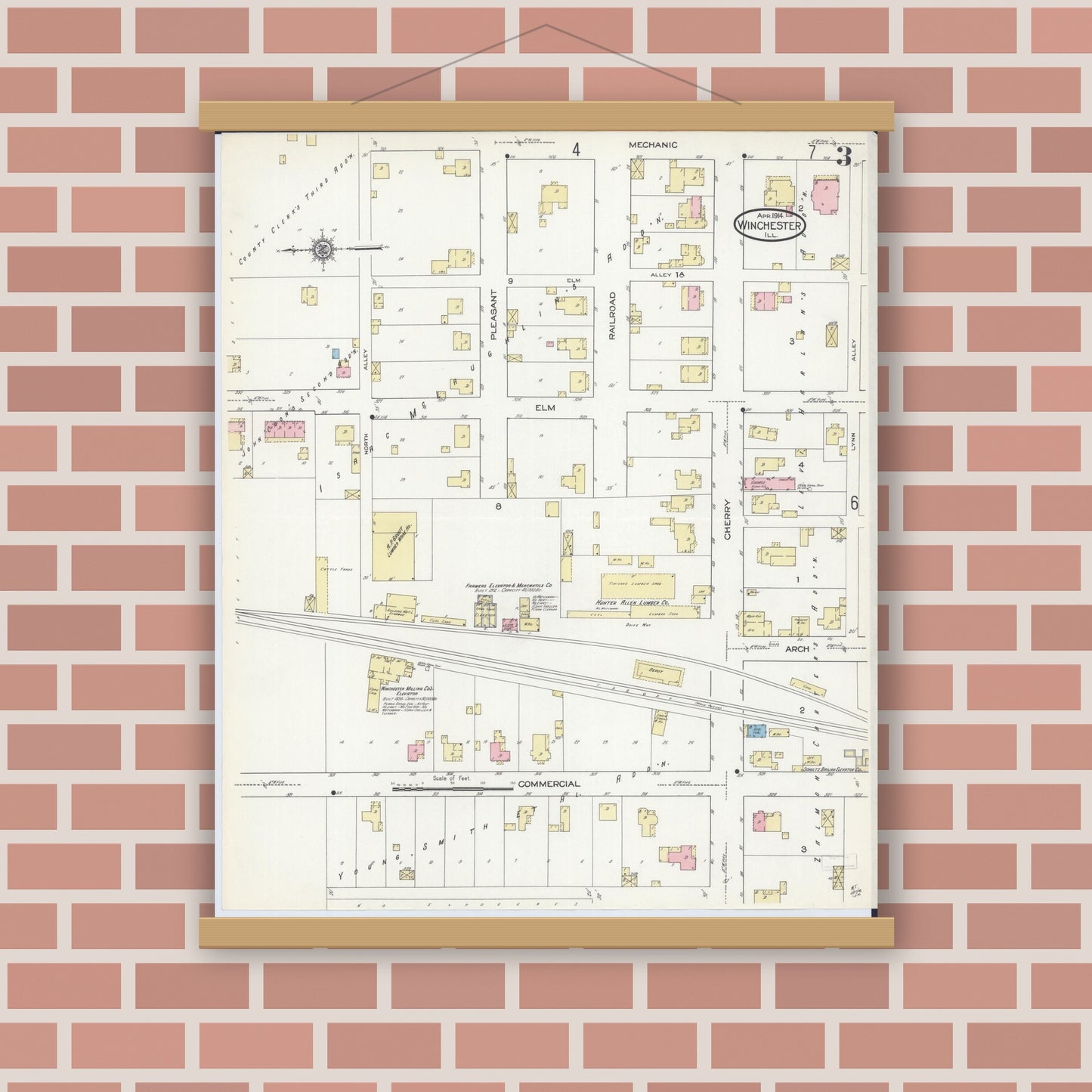 Old map wall art mockup — magnetic wood frame on brick wall — Sanborn Fire Insurance Map from Winchester, Scott County, Illinois (1914), Sheet #0003