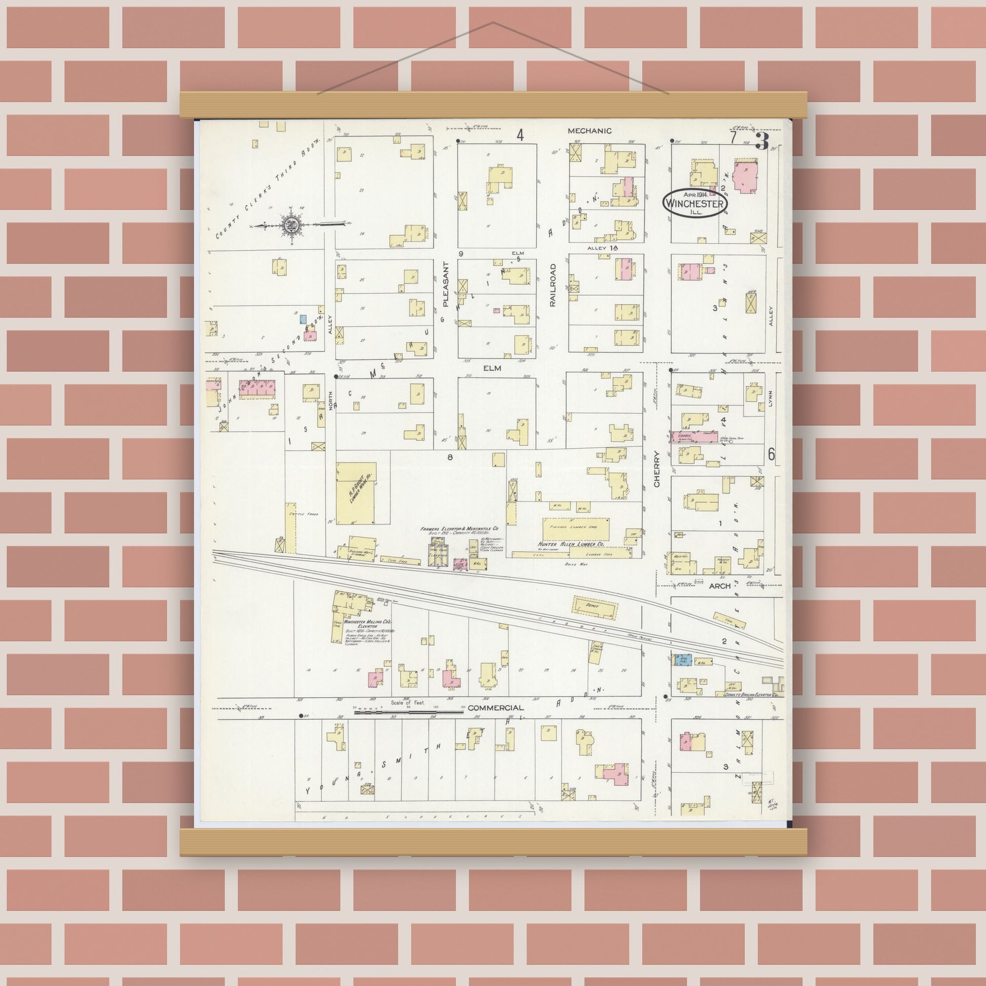 Old map wall art mockup — magnetic wood frame on brick wall — Sanborn Fire Insurance Map from Winchester, Scott County, Illinois (1914), Sheet #0003