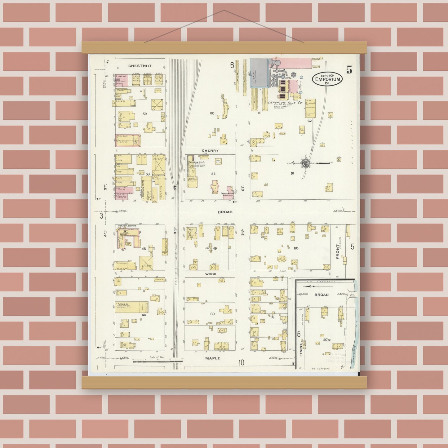 Old map wall art mockup — magnetic wood frame on brick wall — Sanborn Fire Insurance Map from Emporium, Cameron County, Pennsylvania (1909), Sheet #0005