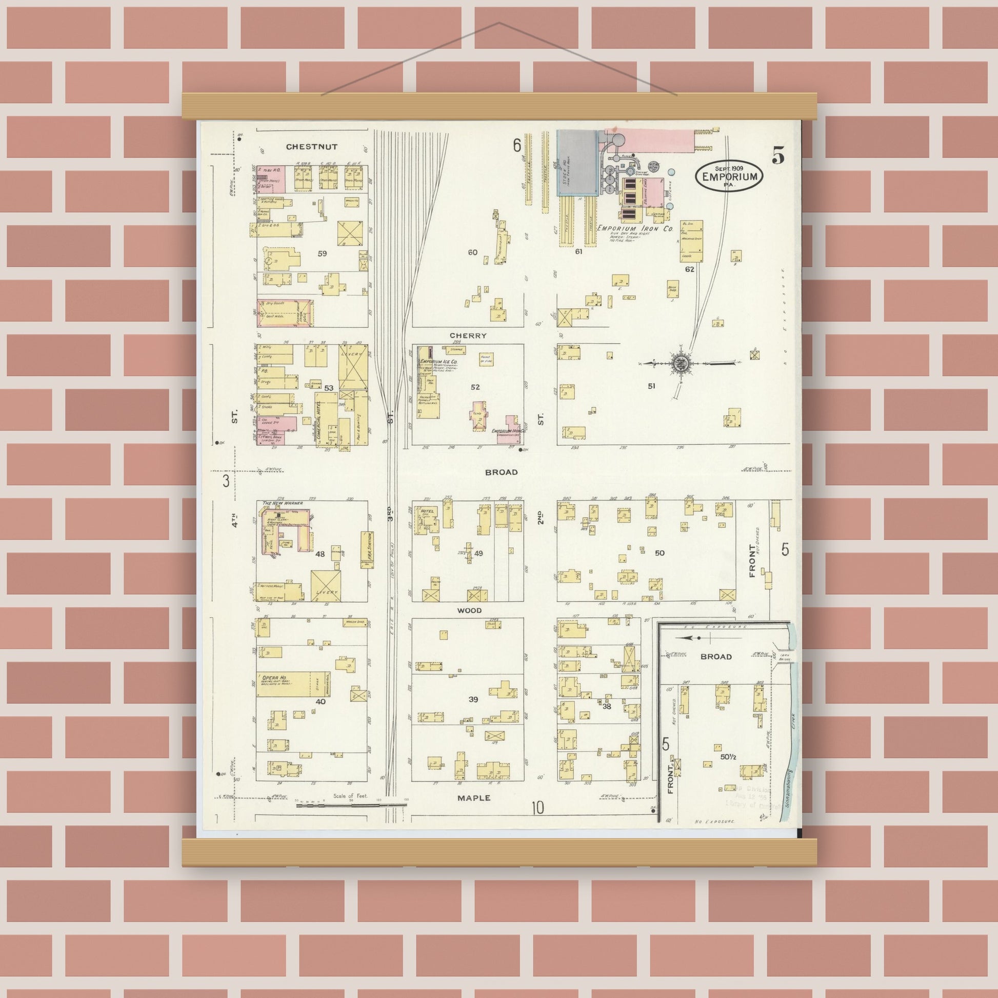 Old map wall art mockup — magnetic wood frame on brick wall — Sanborn Fire Insurance Map from Emporium, Cameron County, Pennsylvania (1909), Sheet #0005