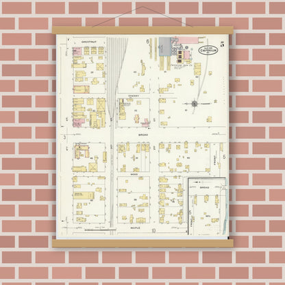 Old map wall art mockup — magnetic wood frame on brick wall — Sanborn Fire Insurance Map from Emporium, Cameron County, Pennsylvania (1909), Sheet #0005