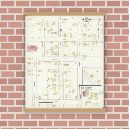 Old map wall art mockup — magnetic wood frame on brick wall — Sanborn Fire Insurance Map from New Lisbon, Juneau County, Wisconsin (1916), Sheet #0003