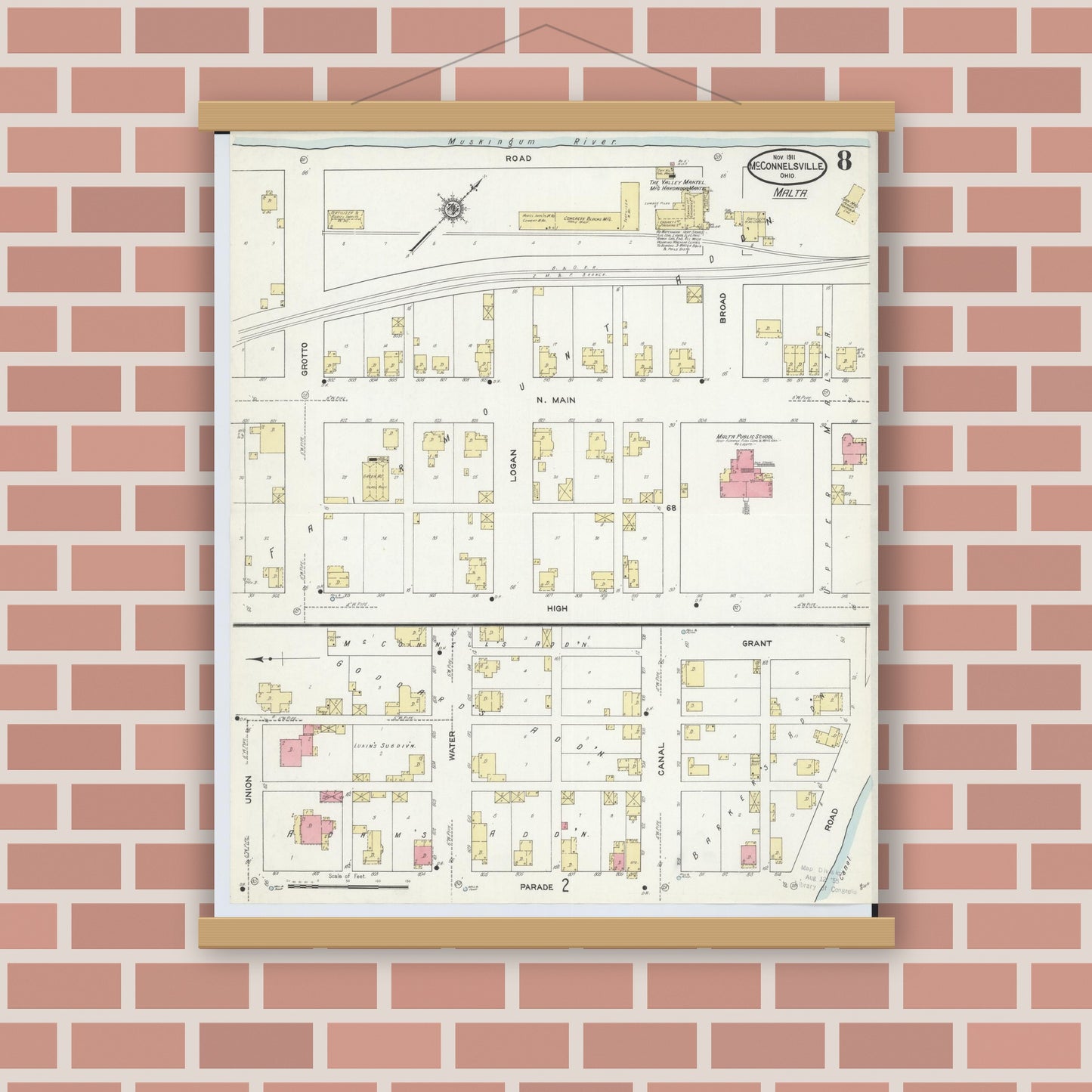 Old map wall art mockup — magnetic wood frame on brick wall — Sanborn Fire Insurance Map from McConnelsville, Morgan County, Ohio (1911), Sheet #0008