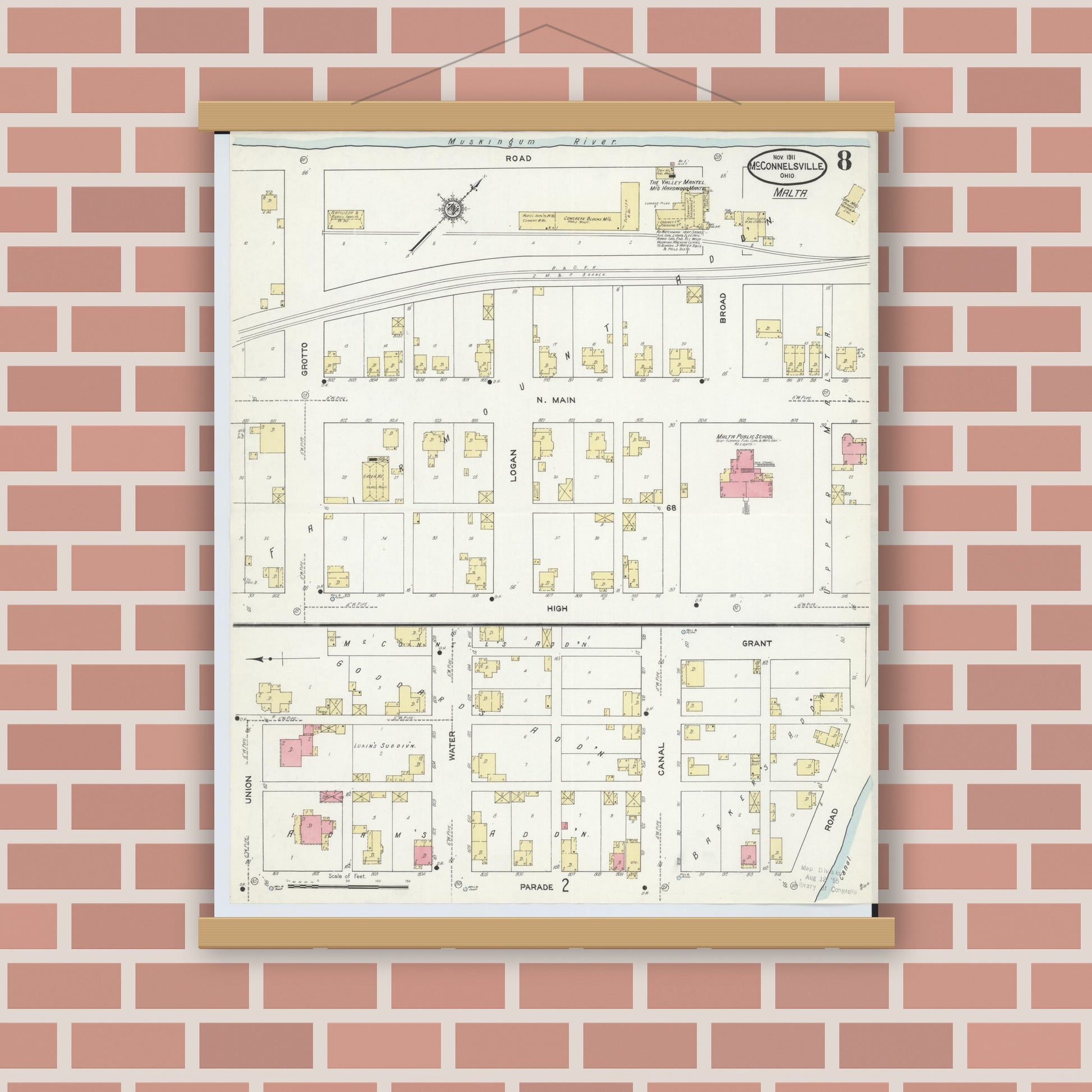 Old map wall art mockup — magnetic wood frame on brick wall — Sanborn Fire Insurance Map from McConnelsville, Morgan County, Ohio (1911), Sheet #0008