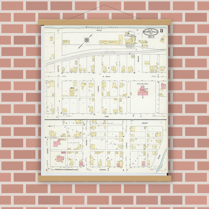 Old map wall art mockup — magnetic wood frame on brick wall — Sanborn Fire Insurance Map from McConnelsville, Morgan County, Ohio (1911), Sheet #0008