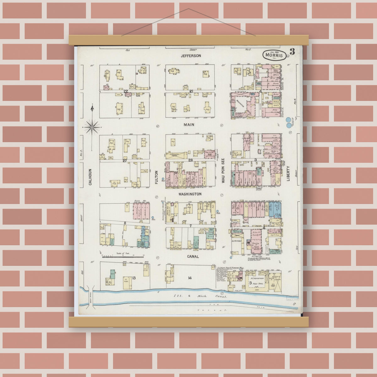 Old map wall art mockup — magnetic wood frame on brick wall — Sanborn Fire Insurance Map from Morris, Grundy County, Illinois (1889), Sheet #0003