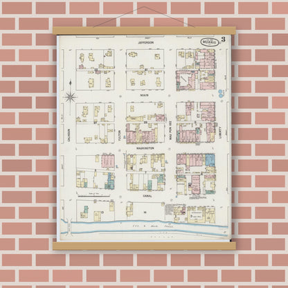 Old map wall art mockup — magnetic wood frame on brick wall — Sanborn Fire Insurance Map from Morris, Grundy County, Illinois (1889), Sheet #0003