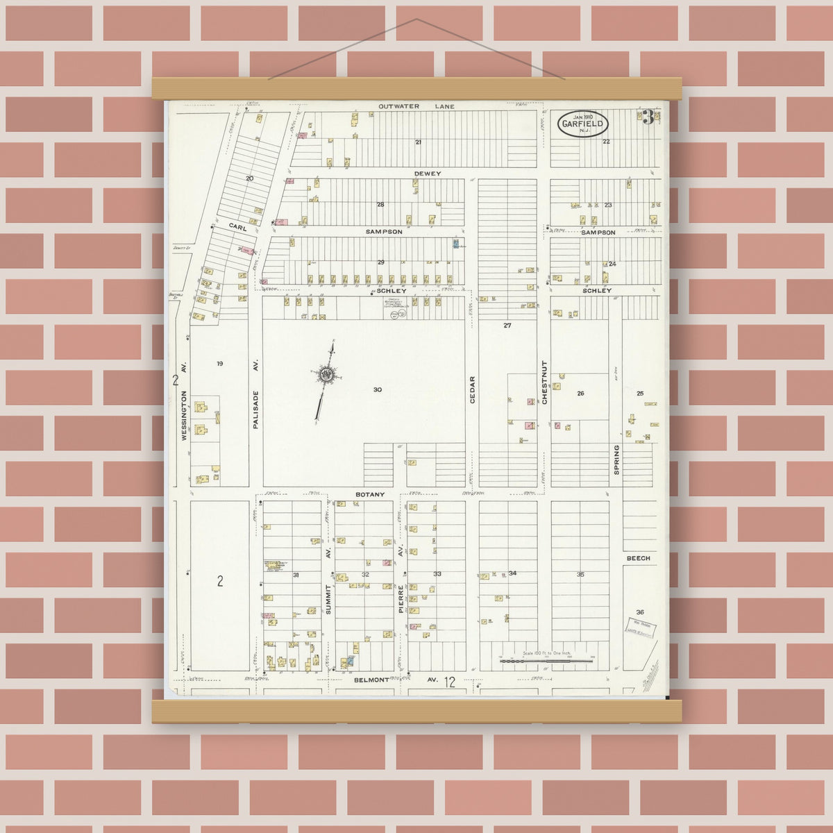 Old map wall art mockup — magnetic wood frame on brick wall — Sanborn Fire Insurance Map from Garfield, Bergen County, New Jersey (1910), Sheet #0003