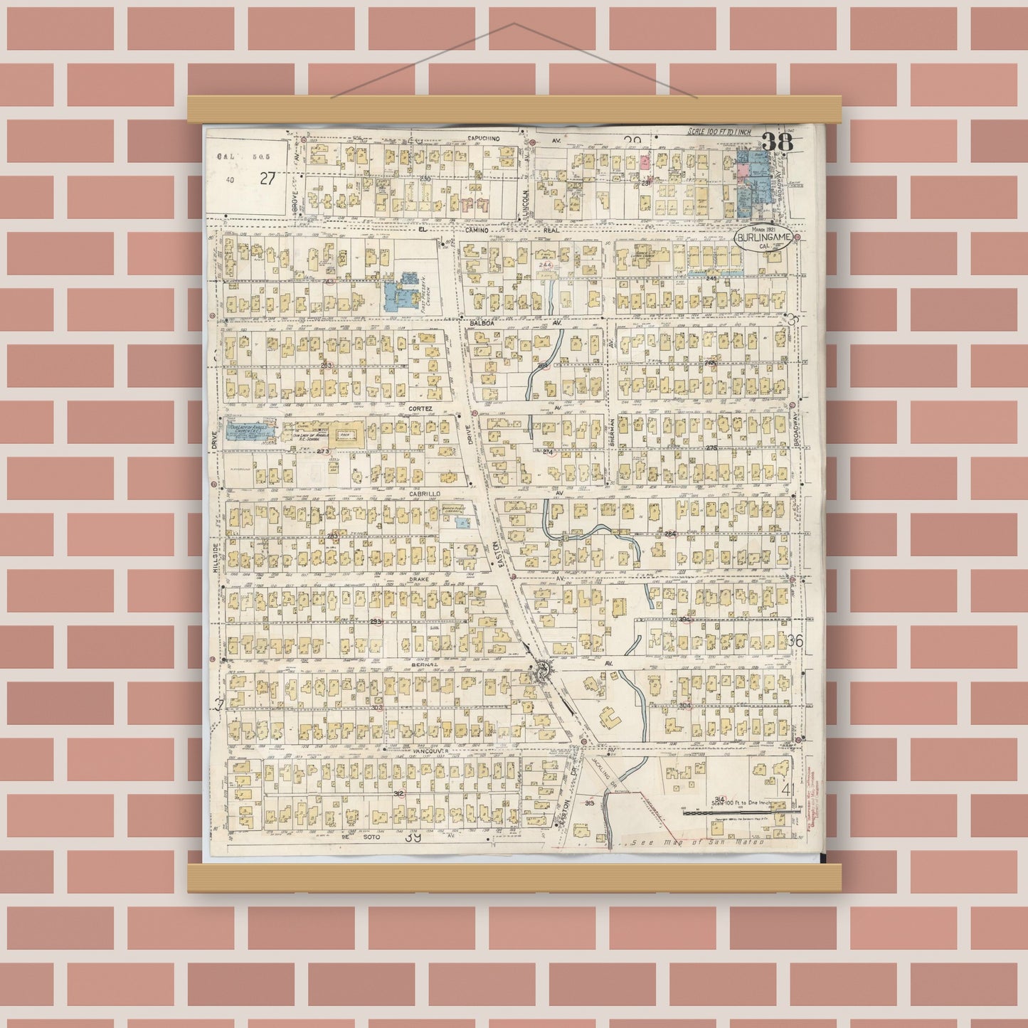 Old map wall art mockup — magnetic wood frame on brick wall — Sanborn Fire Insurance Map from Burlingame, San Mateo County, California (1949), Sheet #0038