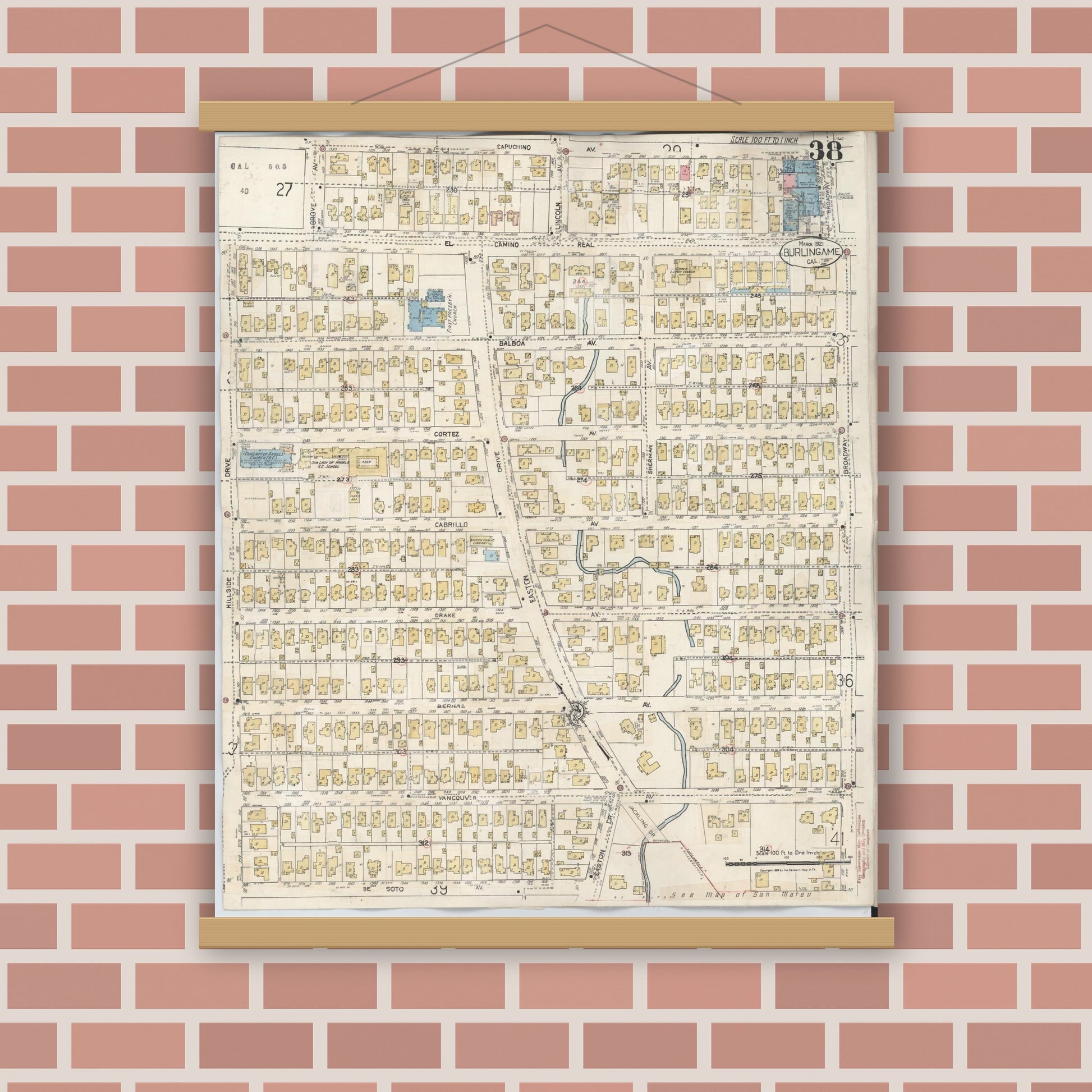Old map wall art mockup — magnetic wood frame on brick wall — Sanborn Fire Insurance Map from Burlingame, San Mateo County, California (1949), Sheet #0038