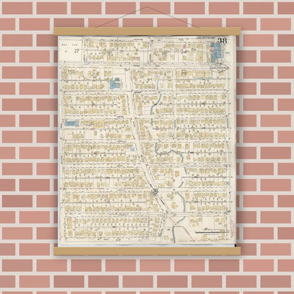 Old map wall art mockup — magnetic wood frame on brick wall — Sanborn Fire Insurance Map from Burlingame, San Mateo County, California (1949), Sheet #0038