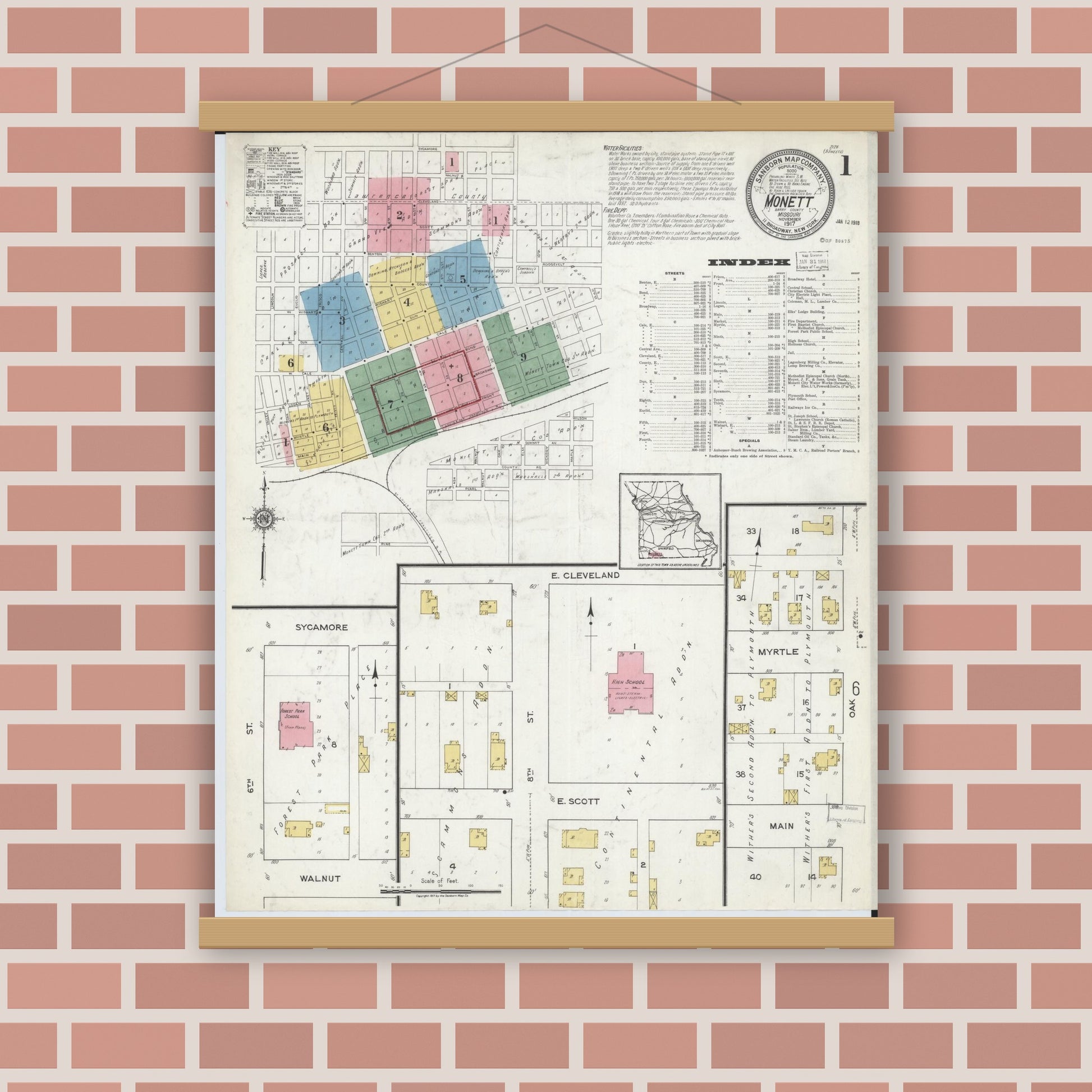 Old map wall art mockup — magnetic wood frame on brick wall — Sanborn Fire Insurance Map from Monett, Barry County, Missouri (1917), Sheet #0001