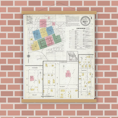 Old map wall art mockup — magnetic wood frame on brick wall — Sanborn Fire Insurance Map from Monett, Barry County, Missouri (1917), Sheet #0001