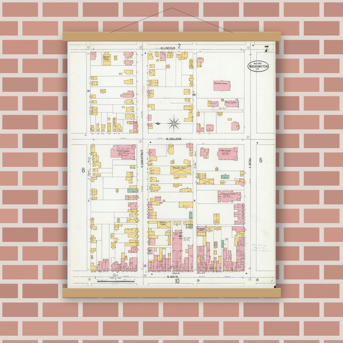 Old map wall art mockup — magnetic wood frame on brick wall — Sanborn Fire Insurance Map from Washington, Washington County, Pennsylvania (1900), Sheet #0007