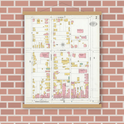 Old map wall art mockup — magnetic wood frame on brick wall — Sanborn Fire Insurance Map from Washington, Washington County, Pennsylvania (1900), Sheet #0007