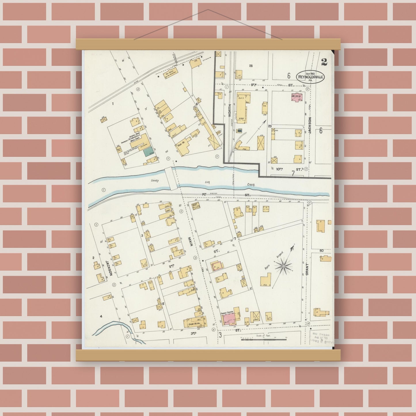 Old map wall art mockup — magnetic wood frame on brick wall — Sanborn Fire Insurance Map from Reynoldsville, Jefferson County, Pennsylvania (1901), Sheet #0002