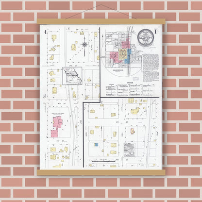 Old map wall art mockup — magnetic wood frame on brick wall — Sanborn Fire Insurance Map from Grant City, Worth County, Missouri (1928), Sheet #0001
