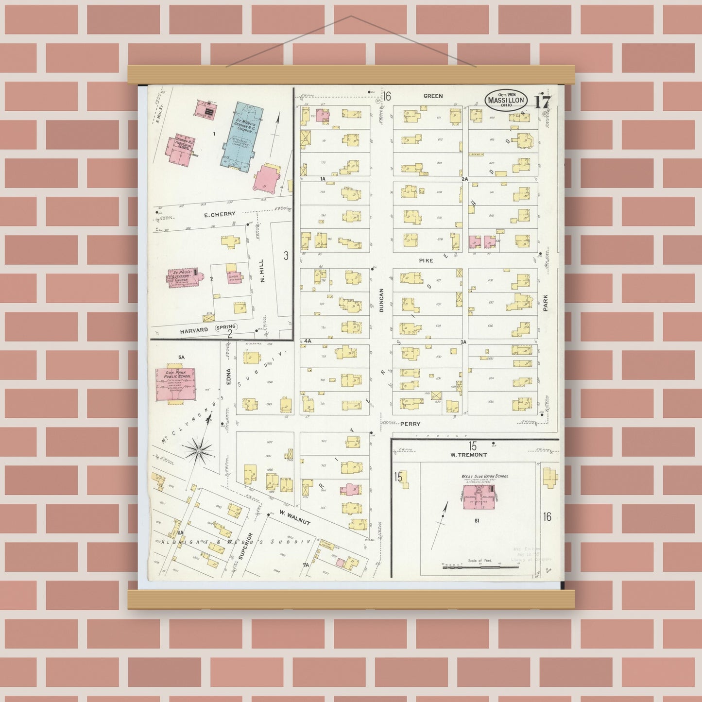 Old map wall art mockup — magnetic wood frame on brick wall — Sanborn Fire Insurance Map from Massillon, Stark County, Ohio (1908), Sheet #0017