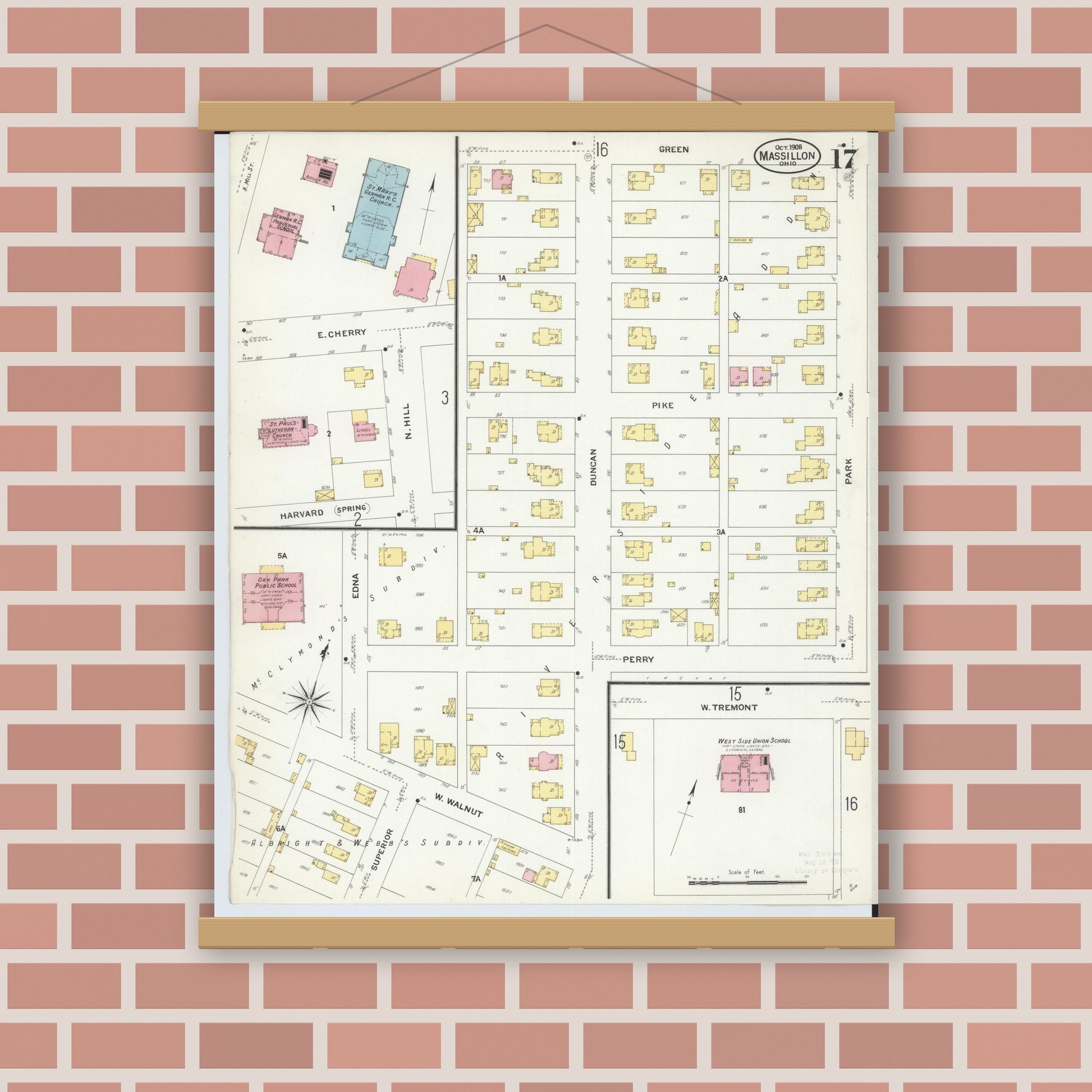 Old map wall art mockup — magnetic wood frame on brick wall — Sanborn Fire Insurance Map from Massillon, Stark County, Ohio (1908), Sheet #0017