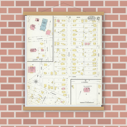 Old map wall art mockup — magnetic wood frame on brick wall — Sanborn Fire Insurance Map from Massillon, Stark County, Ohio (1908), Sheet #0017