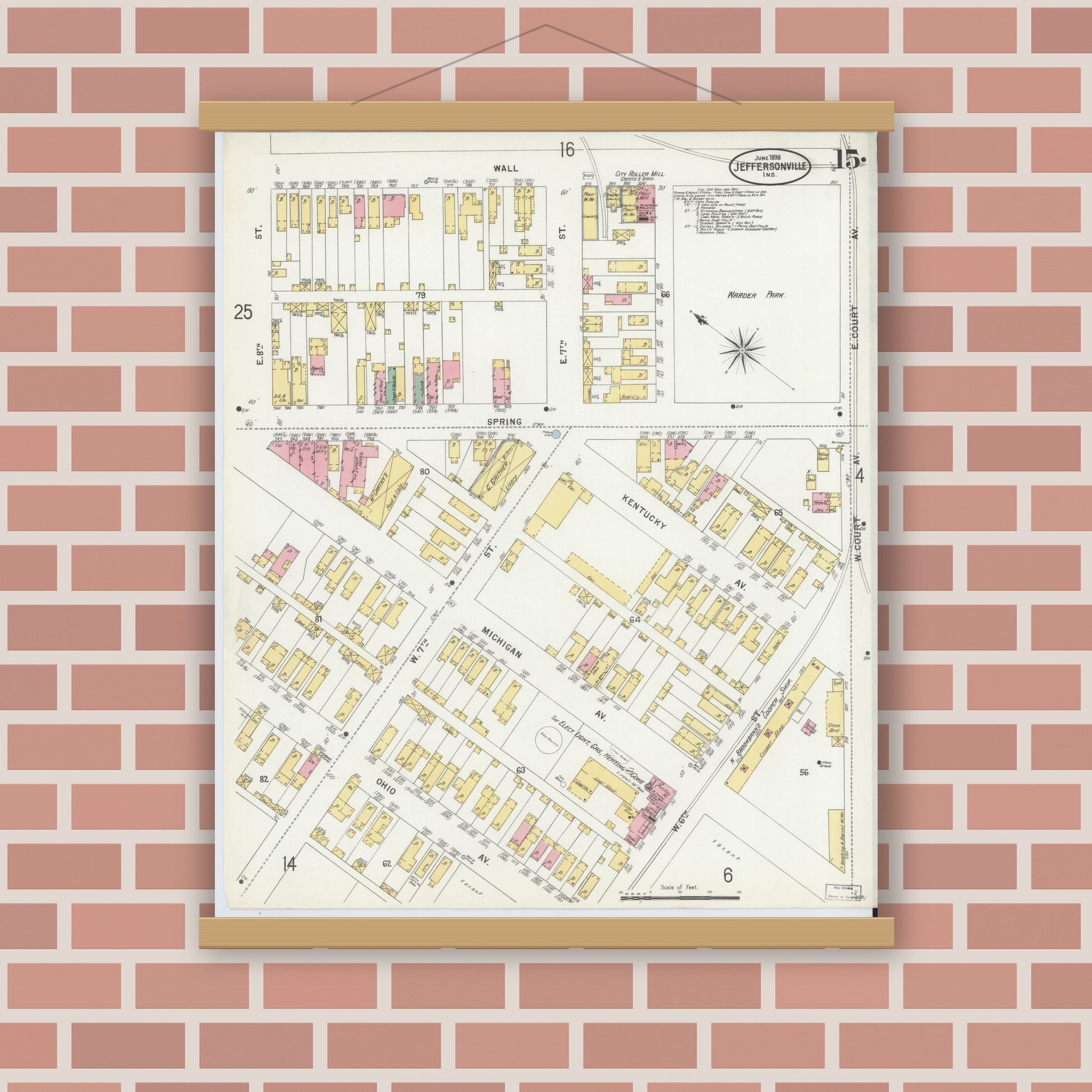 Old map wall art mockup — magnetic wood frame on brick wall — Sanborn Fire Insurance Map from Jeffersonville, Clark County, Indiana (1898), Sheet #0015