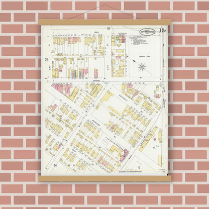 Old map wall art mockup — magnetic wood frame on brick wall — Sanborn Fire Insurance Map from Jeffersonville, Clark County, Indiana (1898), Sheet #0015
