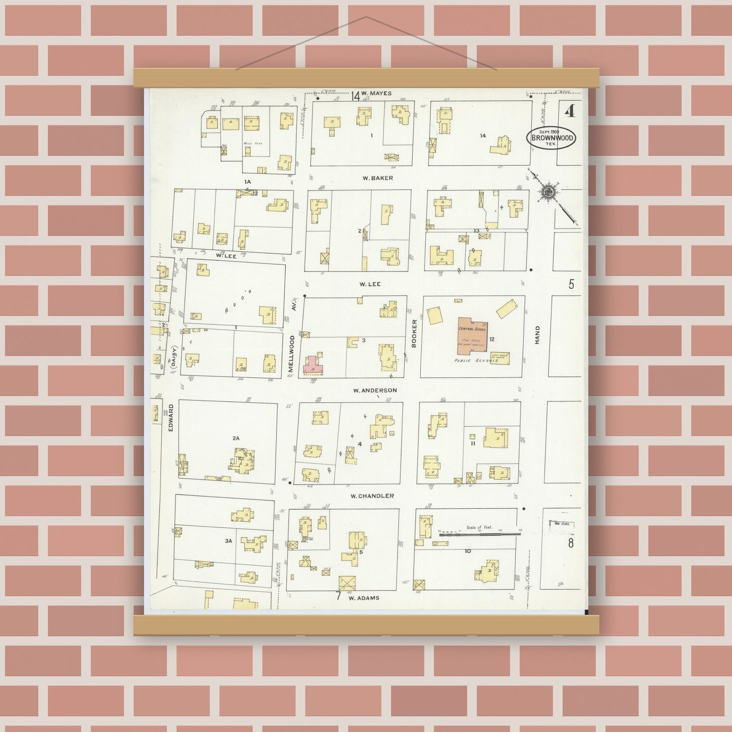 Old map wall art mockup — magnetic wood frame on brick wall — Sanborn Fire Insurance Map from Brownwood, Brown County, Texas (1909), Sheet #0004